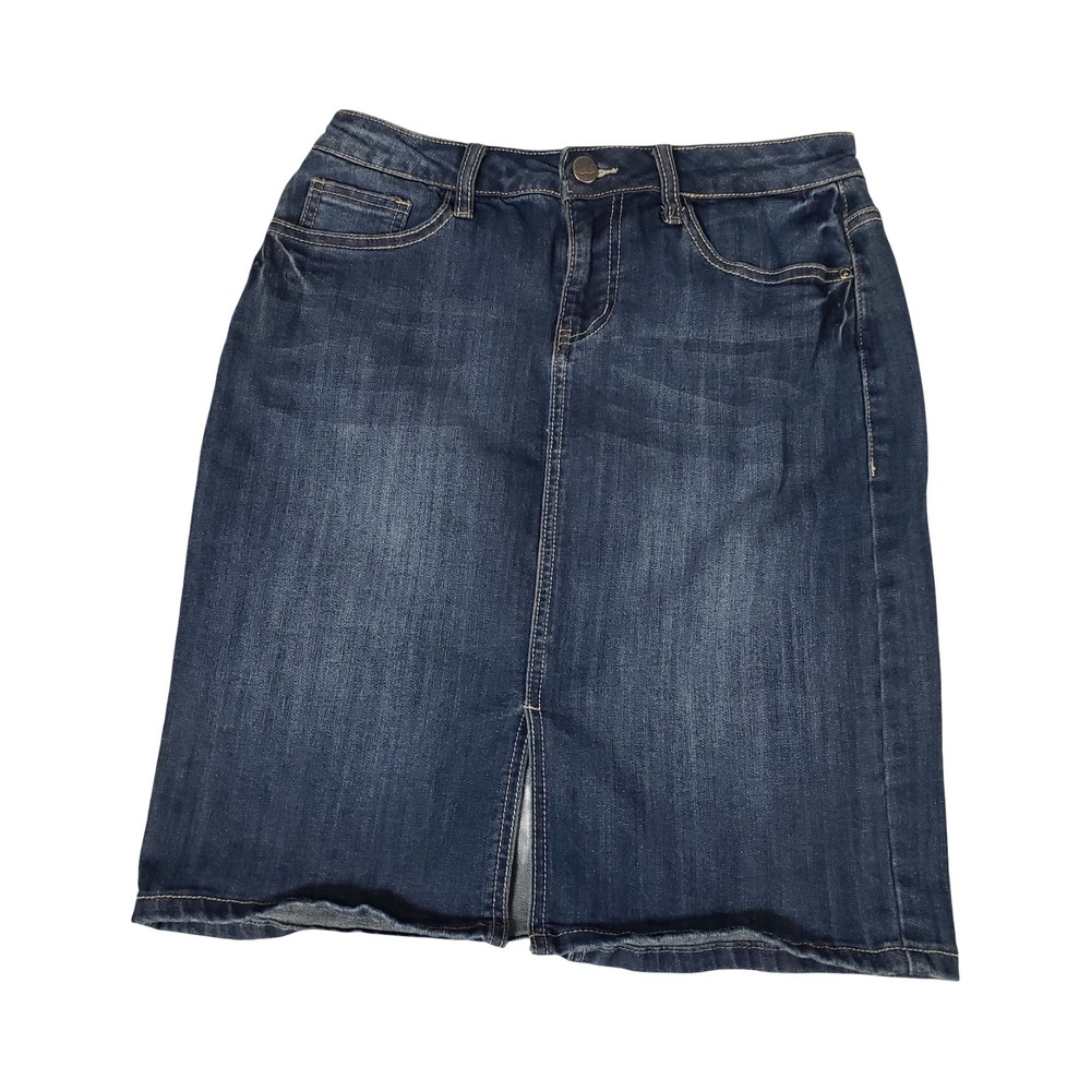 Project Indigo Womens Dark Wash Denim Pencil Skirt Size 8 Front Slit Stretch